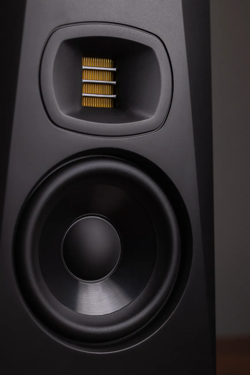 Detailed view of a high end black loudspeaker showcasing its design and technolo